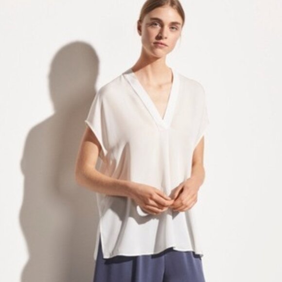 Vince Silk Georgette Double V-Neck Blouse White XL - Picture 1 of 9